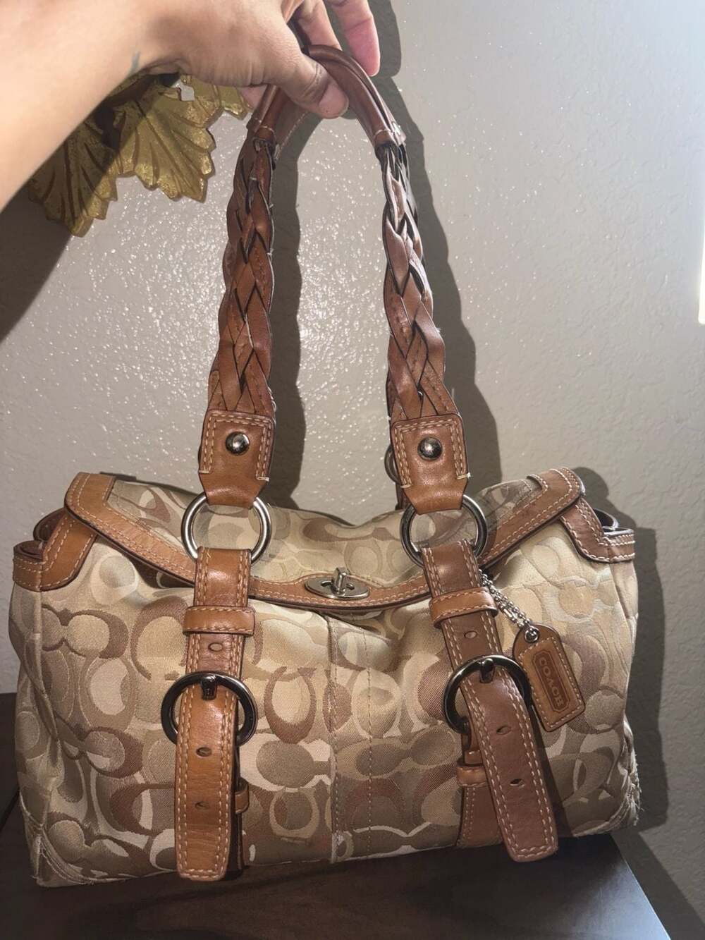 Coach Signature Fabric and Leather Satchel with Braided Handles